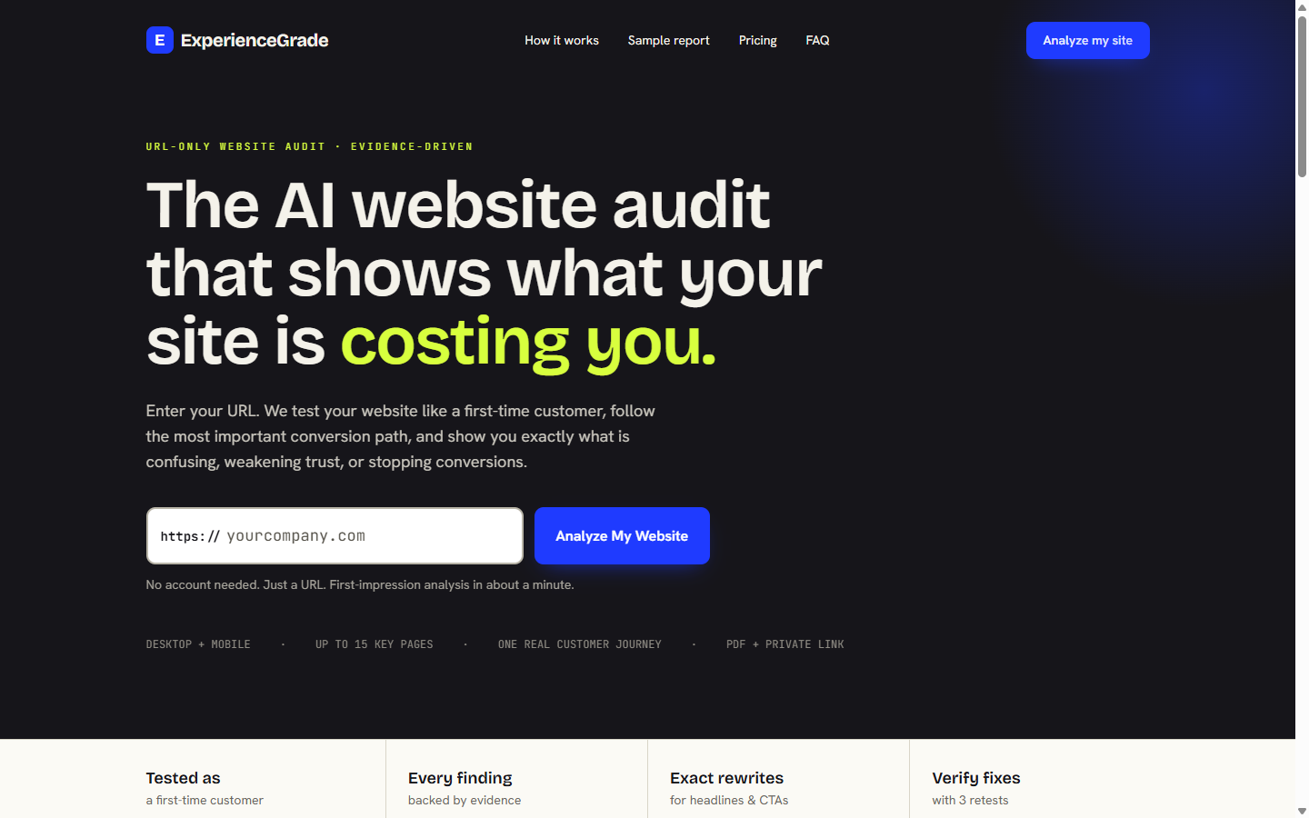 ExperienceGrade homepage — 'The AI website audit that shows what your site is costing you'