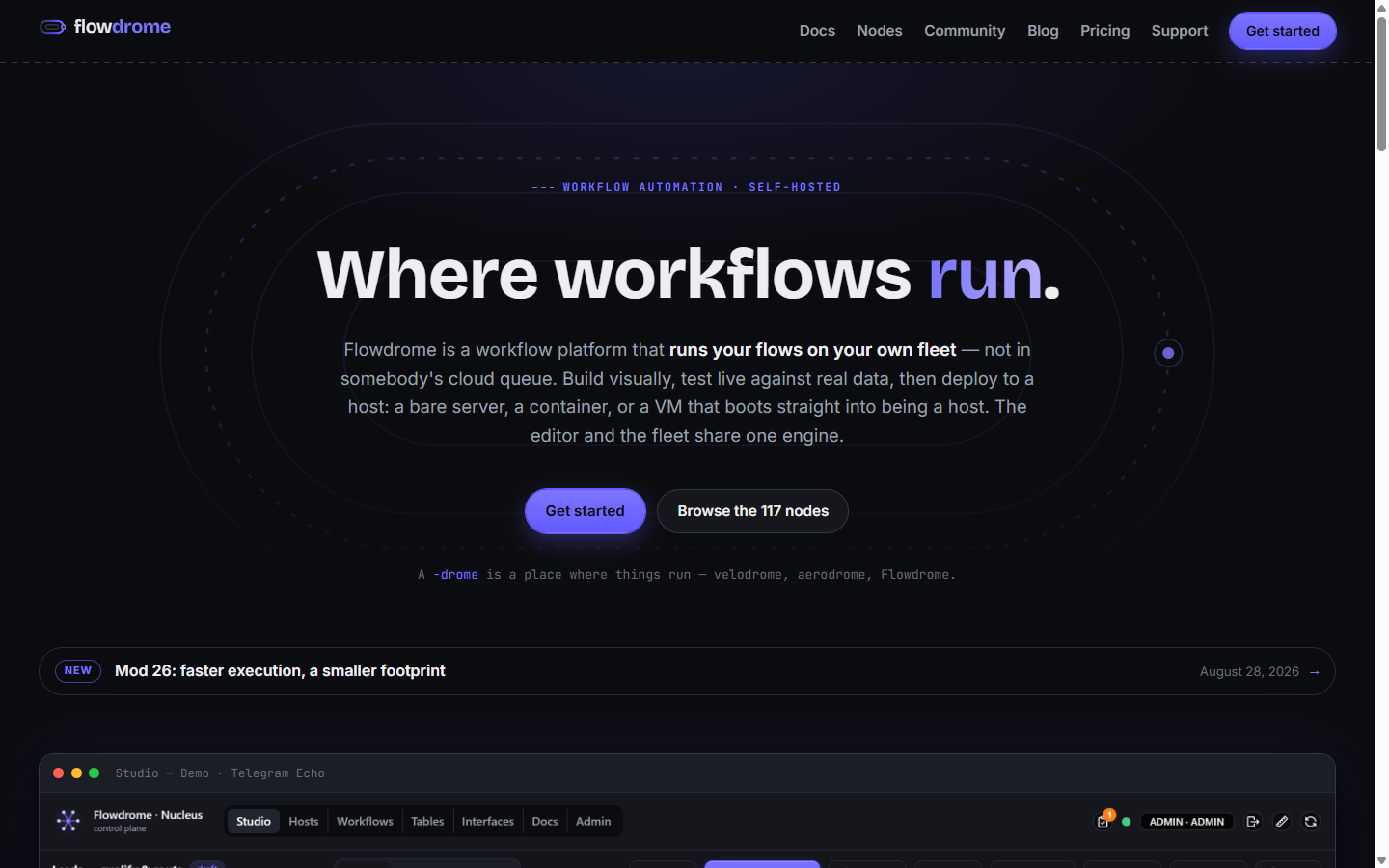 Flowdrome homepage — 'Where workflows run' with the Studio editor beneath