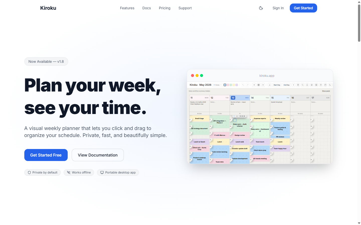 Kiroku homepage — 'Plan your week, see your time' with the weekly planner grid