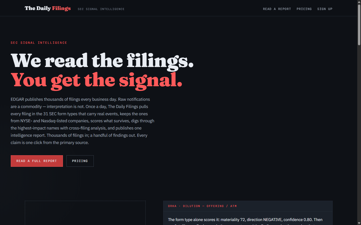 The Daily Filings homepage — 'We read the filings. You get the signal.'
